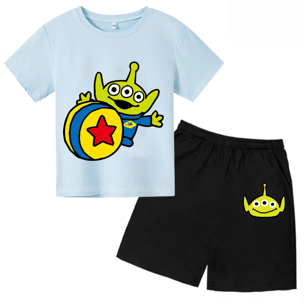 

2024 New Disney Alien Cartoon Print Short Sleeve Top & Shorts Kids Set Boys Girls Summer Cotton Stylish Casual Wear