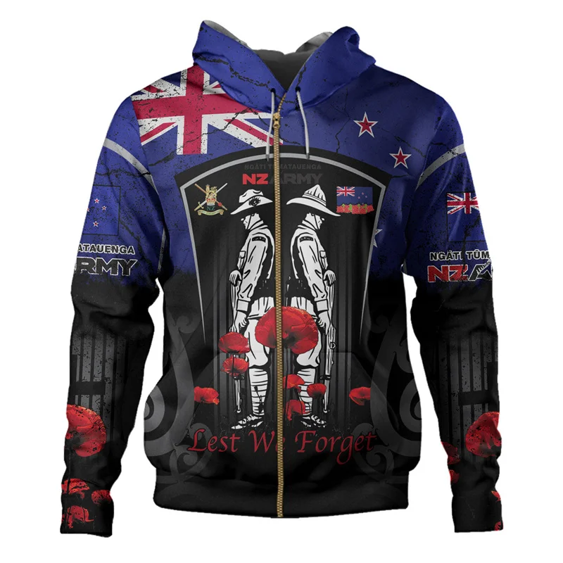 thumbnail image 1 of Sudadera con capucha con estampado 3D del emblema de la bandera de Aotearoa de Nueva Zelanda para hombre, ropa para el Día de Anzac, sudadera con capucha maorí con cremallera, abrigo de calle con crem, 1 of 5