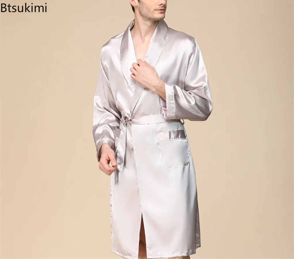 2024 New Robe Shorts Pajama Sets Men Silk Sleepwear Satin Bathrobe Two-Pieces Man Kimono Home Clothes Soft Cozy Lounge Bath Gown