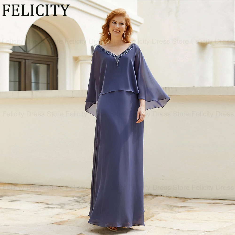 

Elegant Mother of the Bride Dress 2024 A-Line V-Neck Formal Wedding Guest Dresses Chiffon Pleat Floor-Length Beaded Evening Gown