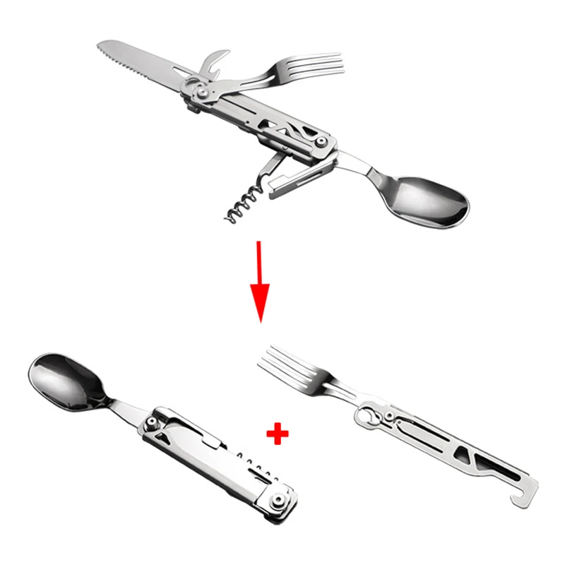 Multipurpose Knife Outdoor Camping Picnic Cutlery Travel Portable Folding Knife Fork Spoon Combination Wine Bottle Opener