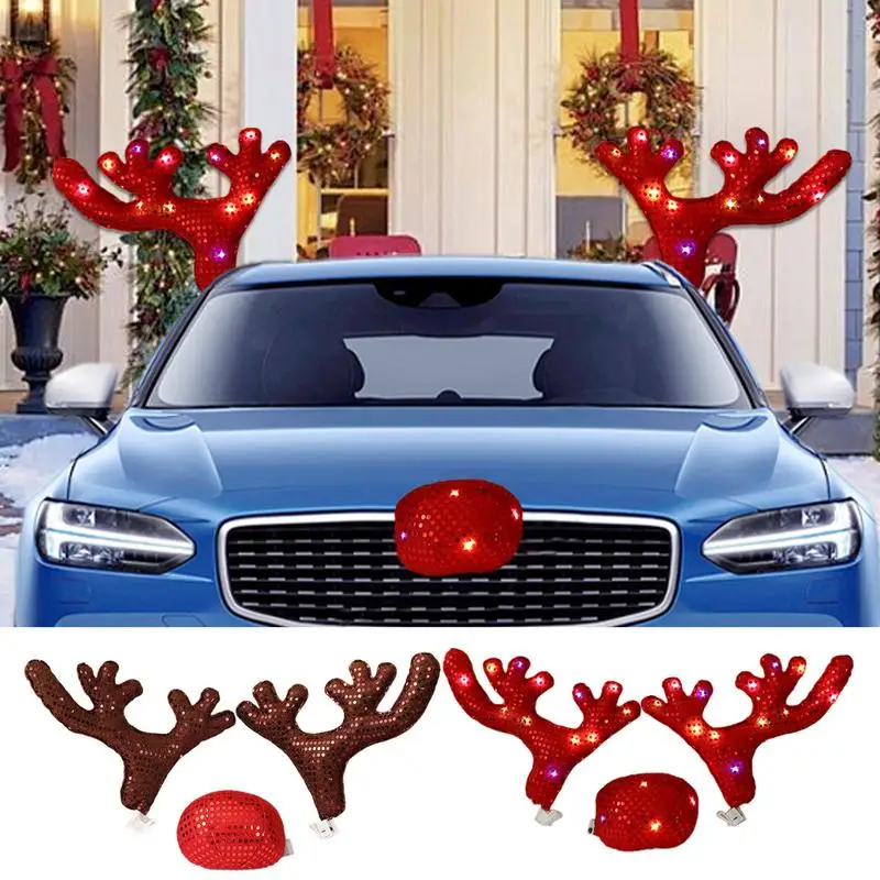 LED Reindeer Antlers With Red Nose, Christmas Car Decor, Vehicle Elk ...