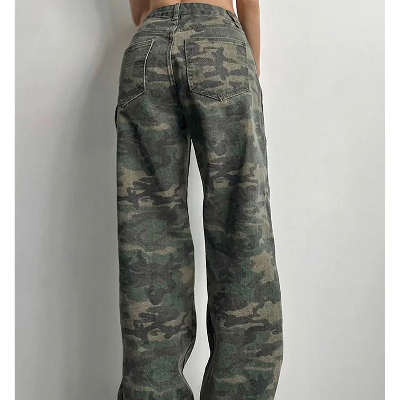 MEXZT Camouflage Cargo Pants Women Y2K Streetwear Low Rise Jeans Retro Wide Leg Trousers Denim Straight Trousers Harajuku