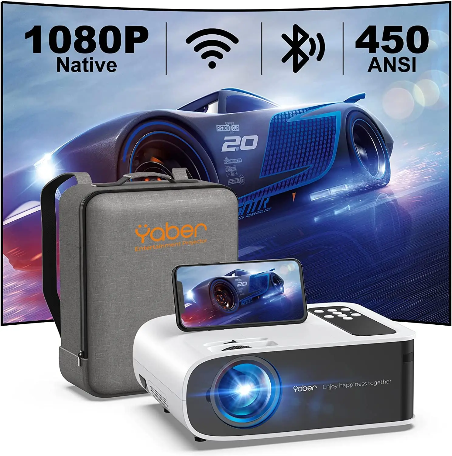 Yaber Native 1080P Projector, Smart Auto Focus Home Projector with WiFi  Bluetooth, Support HD 4K Video, for Android/TV Fire Stick/PS5