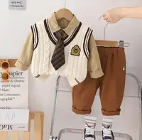 3PCS Boys Sweater Sets Spring Autumn Kids V-neck Preppy Knitted Vest+T-shirts+Pants Casual Toddler Outfits Infant Baby Clothing 2