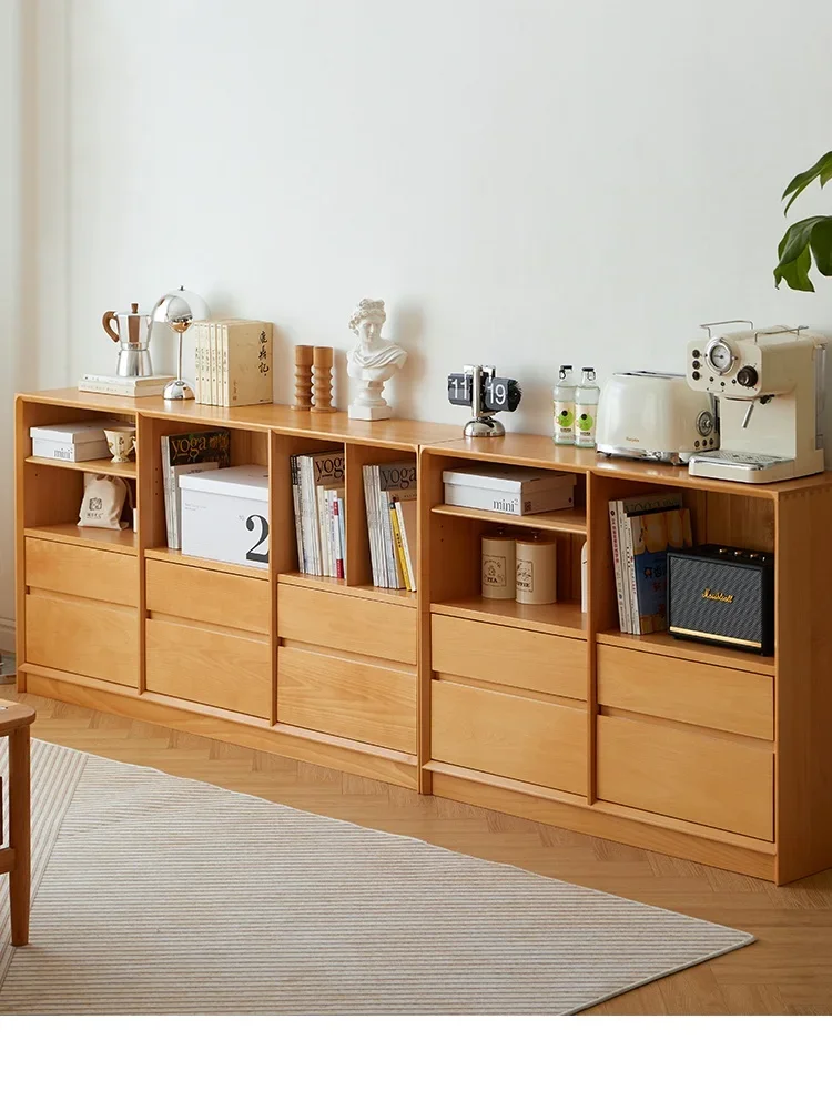 

Solid wood bookshelf, low cabinet, floor to floor storage , Japanese style side, bucket, storage, beech wood living room TV