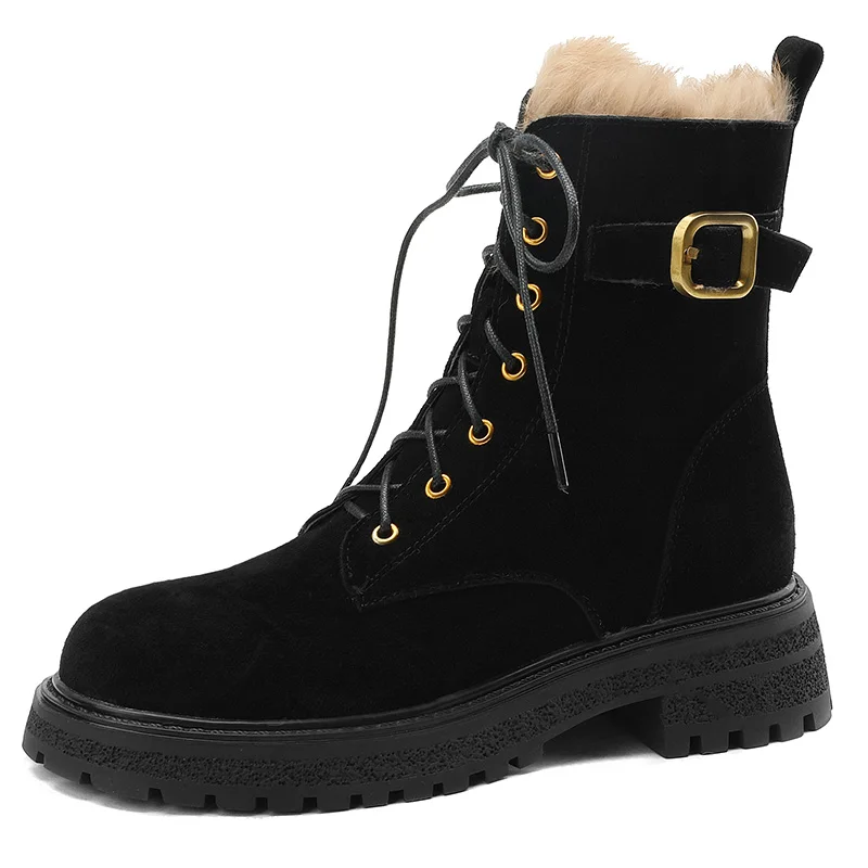 

Nubuck Rabbit fur Women Snow Boots JINTRENDY Winter Black Brown Cross-tied Zipper Boots Lady Belt Buckle Platform Boots