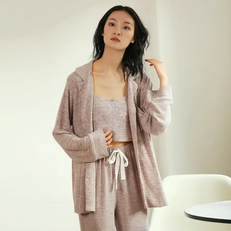 

Fall/Winter 2023 Pajamas for Women Beige Long Sleeve Trouser Suits Comfortable 3-piece Set Home Clothes Lapel Loose Sleepwear