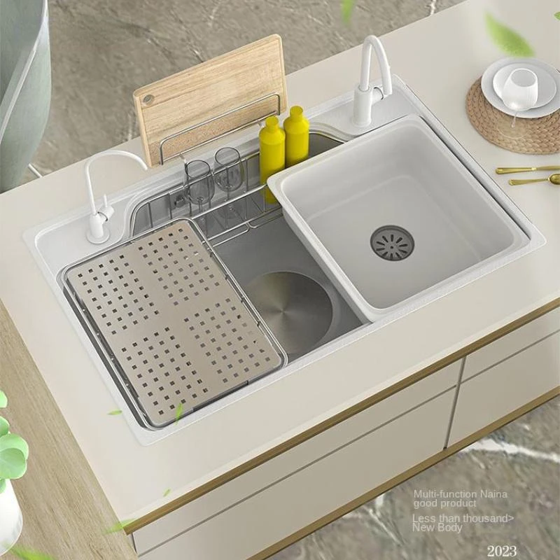 

Luxury Nano Stainless Steel Kitchen Sink White Single Slot Modern Japanese Multifuctional Workstation Sink with Storage Rack