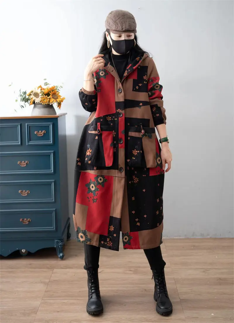 

Winter Coat Vintage Cotton Linen Printed Plate Buckle Pocket Plush Hooded Windbreaker Women's Loose Large Size Warm Jacket T1229