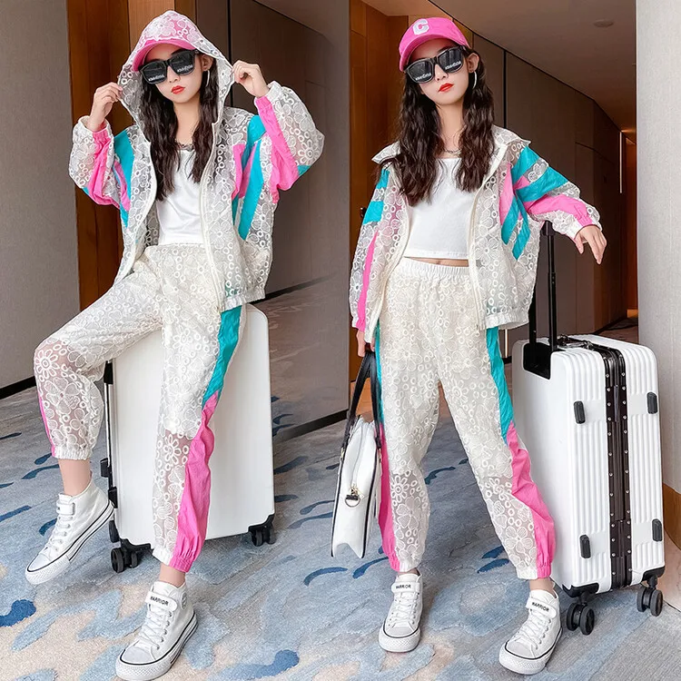 

Kids Girls Lace Clothes Sets 2023 Summer Long Sleeve Jackets + Pants Hollow Style Children Tracksuits Kids Clothing Sets 5-15Y