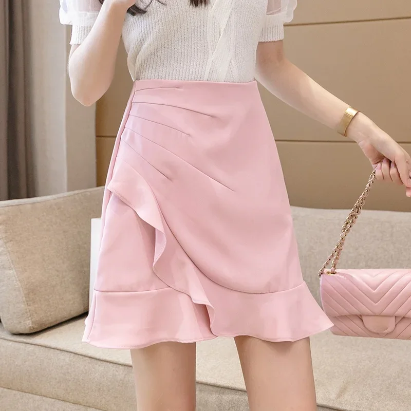 Women Fashion Solid Color A-line Pleated Summer Short Skirts Elegant Ruffled High Waist Mini Skirt Female Casual Irregular Skirt