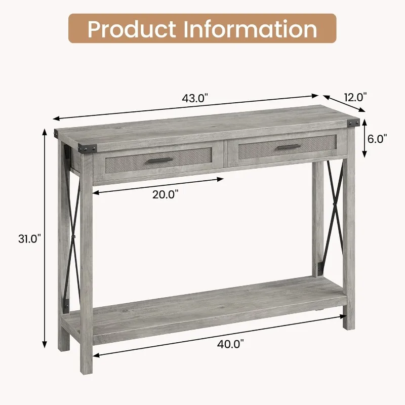 Farmhouse entrance table, grey control table with rattan drawers, 43 "sofa table with storage 2