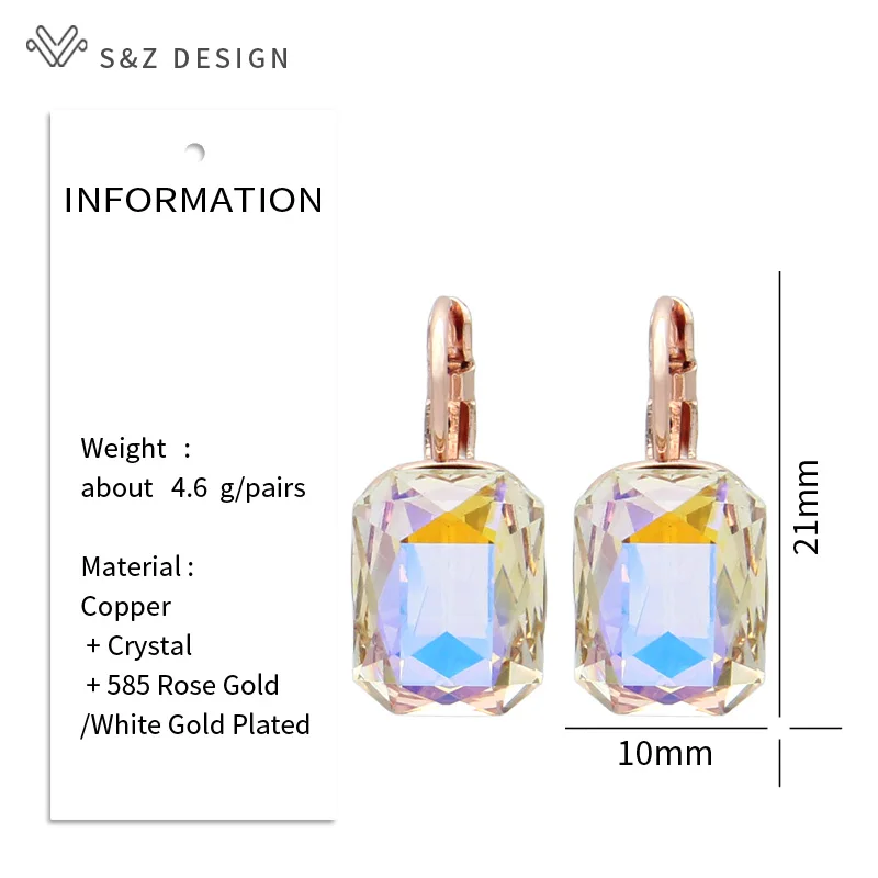 S&Z DESIGN New Arrival Popular Women Fashion Rectangle Crystal Drop Earrings 585 Rose Gold Color Eardrop Wedding Jewelry Gift