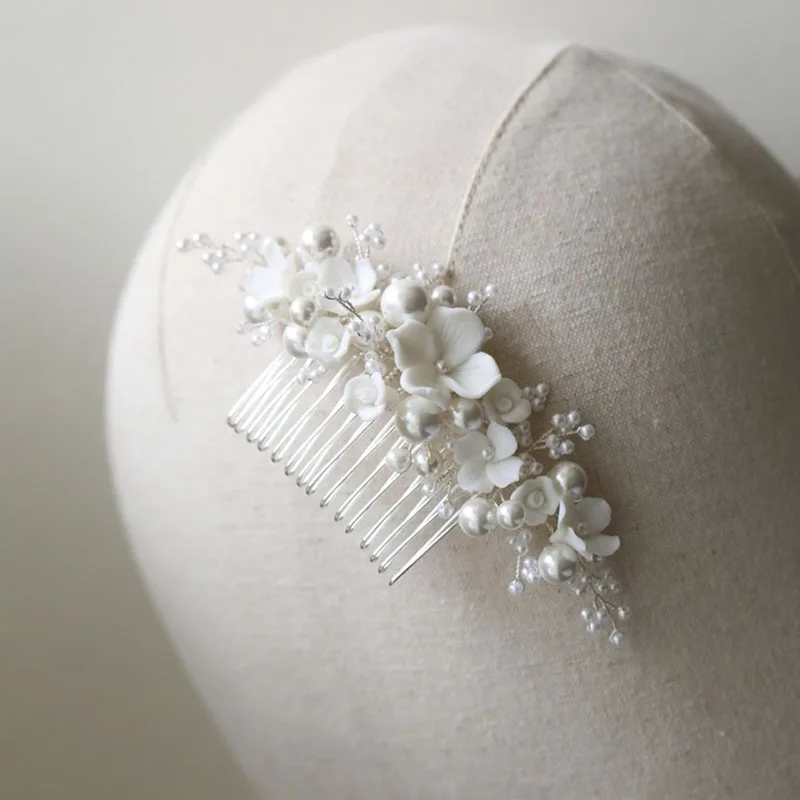 Floralbride Handmade Crystal Rhinestone Pearl Ceramic Flower Bridal Hair Comb Wedding Hair Accessories Bridesmaids Women Jewelry