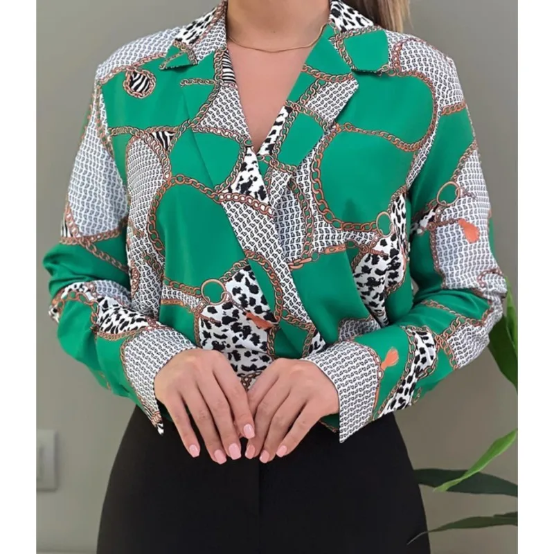 

Women Autumn Loose Fitting Fashion Long Sleeved V-neck Pullover Printed Shirt Without Pockets Shirt Women's Lapel Top Plus Size