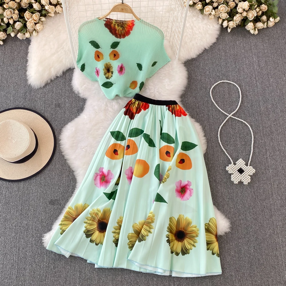 

Pleated 2 Pieces Set Printed Two Piece Skirt Sets Women 2023 Summer New Causal Short Sleeves Tops Loose Skirts Beach Outfits