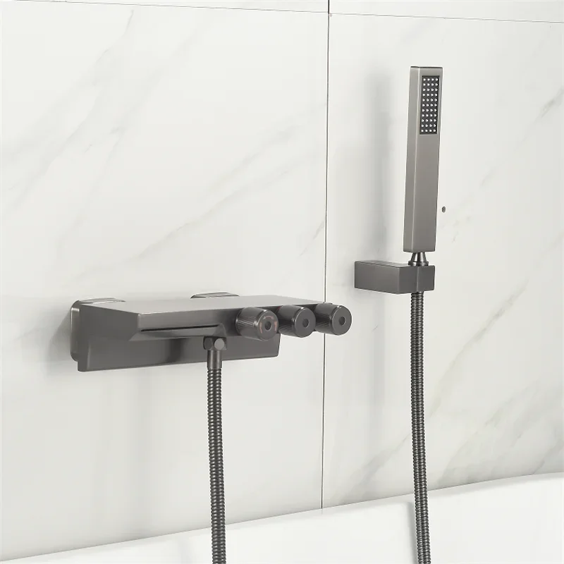 Description Picture 5 of itemGrey Bathtub Shower Set Wall Mounted Brushed Gold Bathtub Faucet Bathroom Waterfall Bath & Mixer Tap Brass New