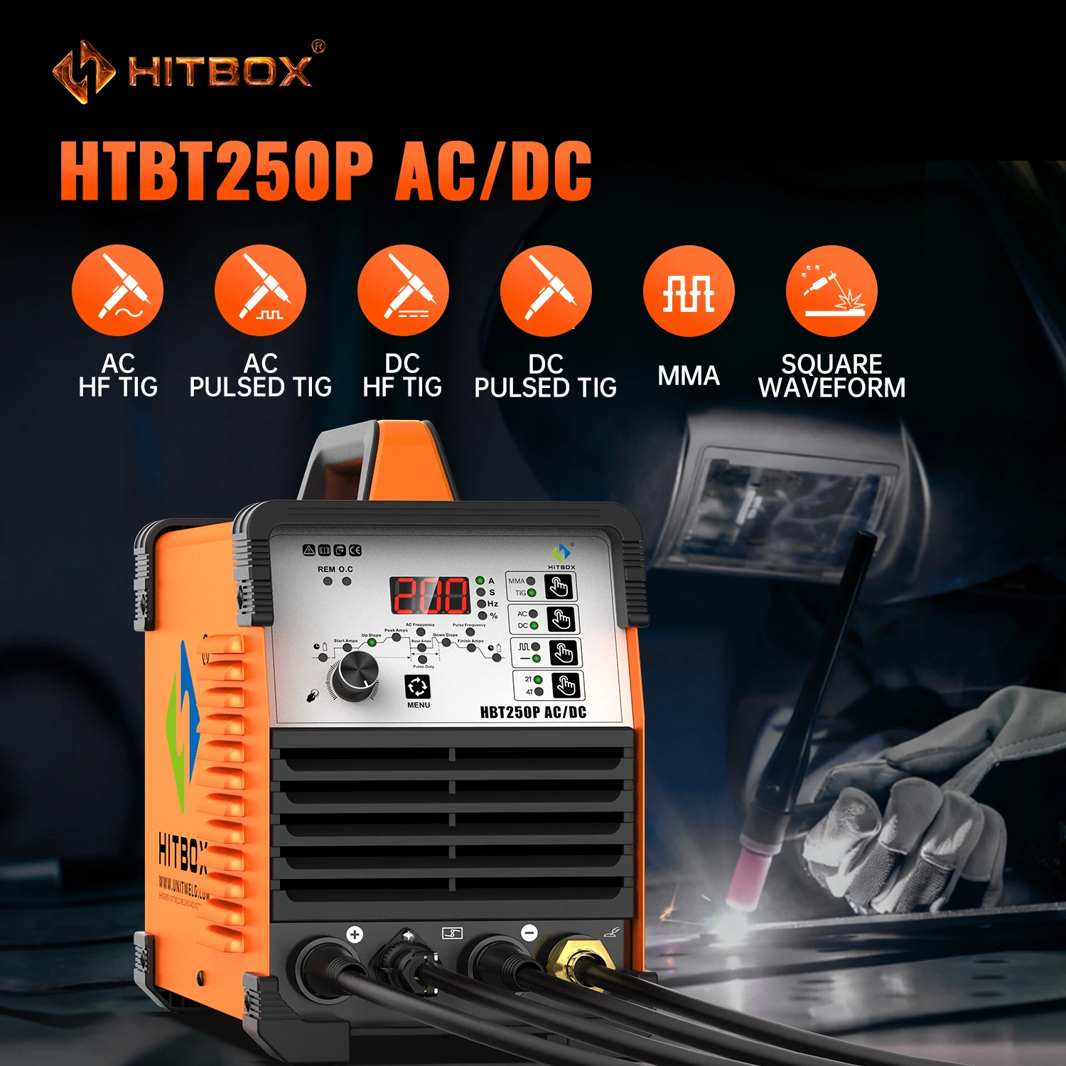HITBOX-máquina de soldadura Tig de aluminio AC/DC, soldador de varilla de arco HBT250P HF TIG/MMA con soldadura de argón por pulso, inversor IGBT 2T/4T