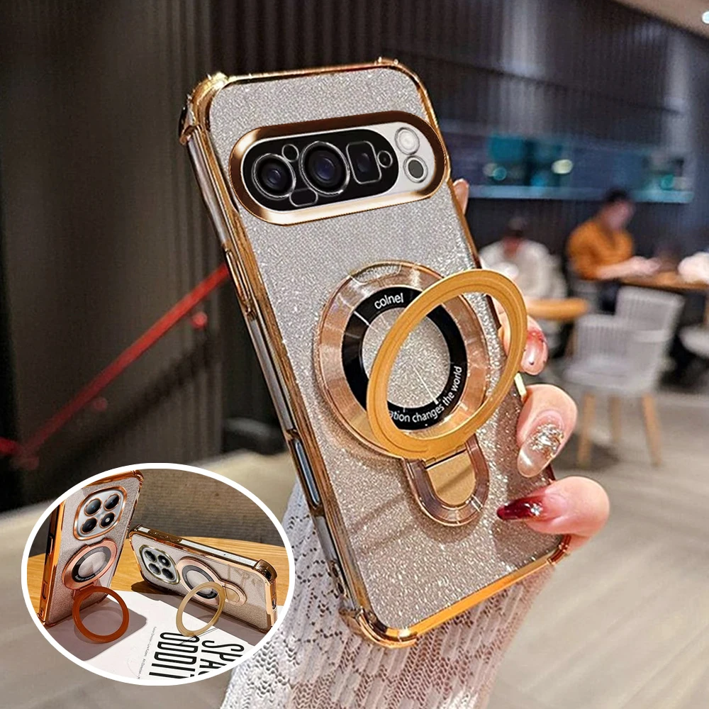 Glitter Anti-Fall Kickstand Magnetic Phone Case with Plating Finish