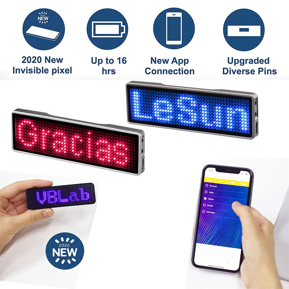 電子 ネーム バッジ スマホでBluetooth可 LED11x55個 5セット Fully New Bluetooth LED Name Badge DIY Programmable