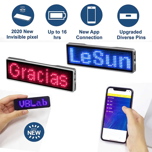 Fully New Bluetooth LED Name Badge DIY Programmable Scrolling Message Board Mini LED Display HD Text Digits Pattern Display