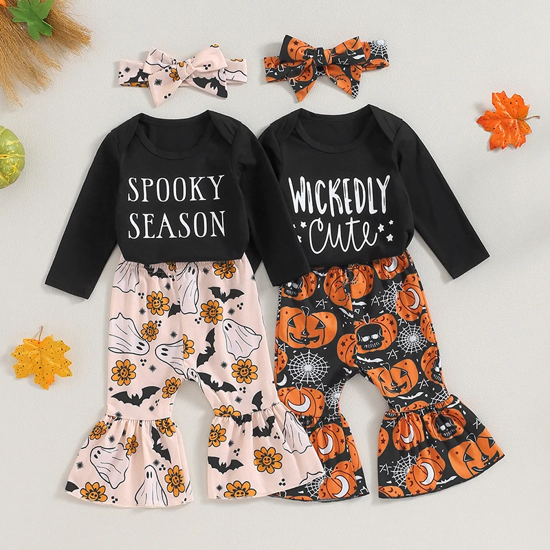 

Baby Girls Fall Outfits Letter Print Long Sleeve Rompers Pumpkin/Ghost Print Flare Pants Headband 3Pcs Halloween Clothes Sets