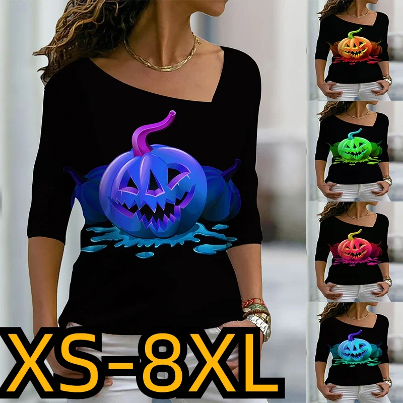 

2023Autumn Hallowmas T-shirt V-neck Loose Tee Winter Fashion Pullover Elegant Long-sleeved Pumpkin Printing Vintage Printed Top