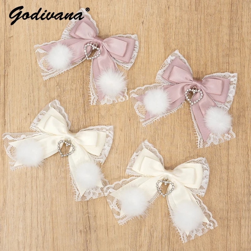 

Japanese Handmade Fur Ball Bow Double Ponytail Hairpin Sweet Girl Lolita Cute Hairbows for Girls Hair Clips Hair Accessories