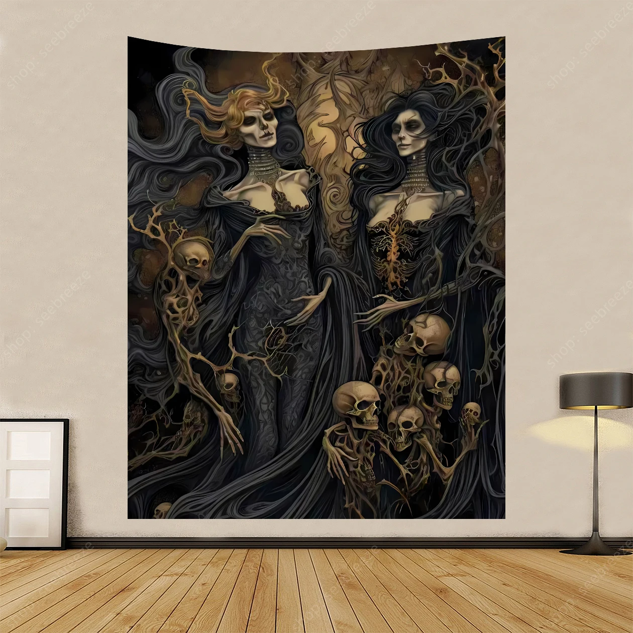 

Gothic horror illustrated style tapestry with two beautiful Victorian era dark fantasy women surrounded by rotating skeletons