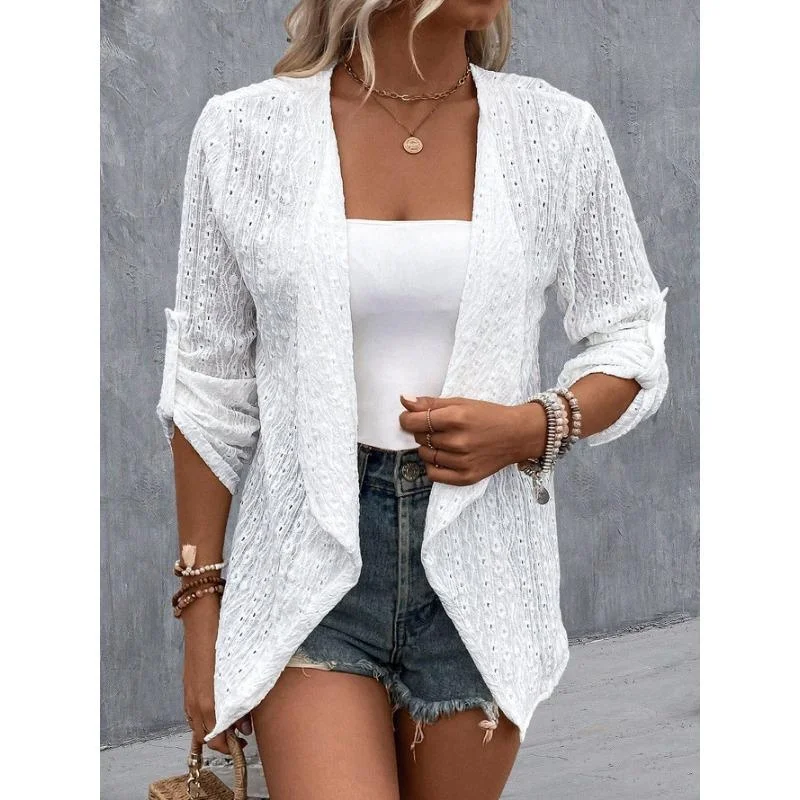 

New Fashion Women's Top Long-sleeved Shawl Collar Lace Hollow Out Solid Colour Crochet Cardigan Women's Outer Sleeve Buttons