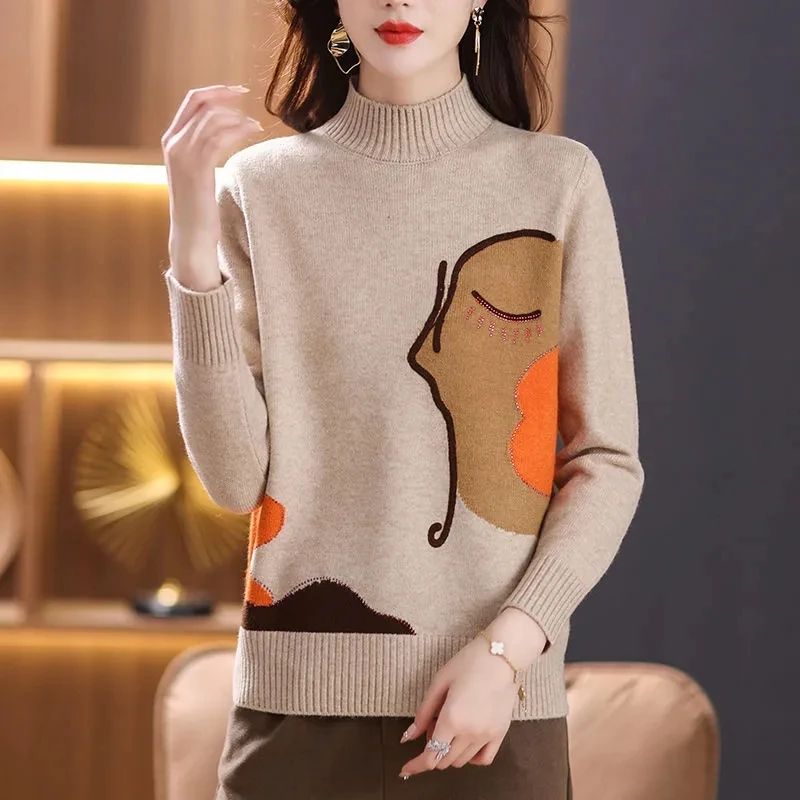 

Literary Cartoon Knitted Pullovers Casual Autumn Spring Wool Sweater Women Soft Half Turtleneck Casual Basic Knitwear H036