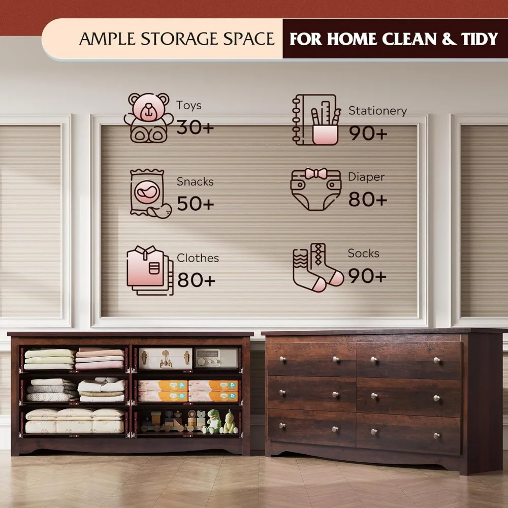 Wood Dresser with 6 Drawer, 59”Wide Chest of Drawers for Bedroom, Long Nightstand with Drawers, Modern Large Storage Tower Unit