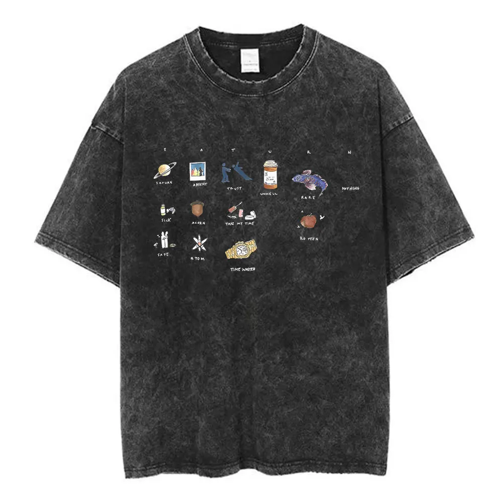 SZA 2024 Music Saturn Vintage Washed T Shirt Men Women Fashion Harajuku T-shirts Cotton Casual Oversized Short Sleeve T Shirts