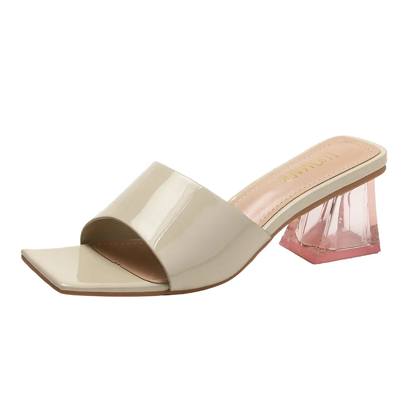 2024 Leisure Summer  Fashion Outdoor Clothing Pink Transparent Crystal 5.5CM High Heel Square Head Women's Sandals and Slippers