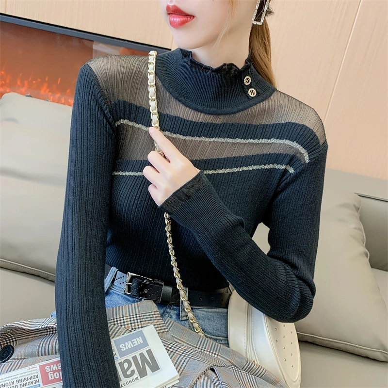 

Ladies Fashion Mesh Stitching Pullover Sweater Women Clothing Girls Autumn Casual Knitwear Female Woman OL Sweaters BVy2668
