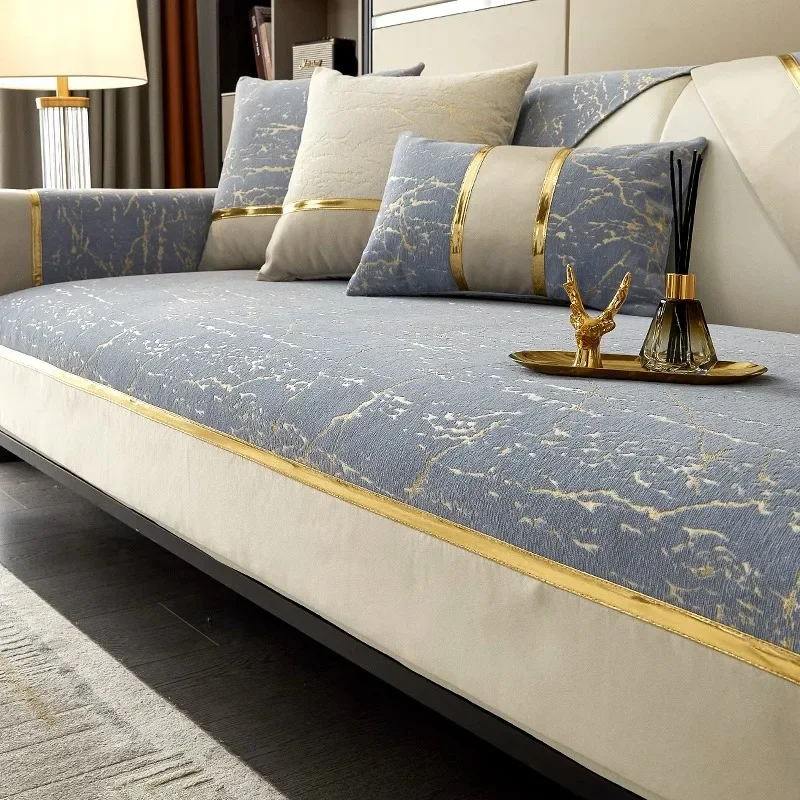 

Однотонный коврик для дивана из синели, всесезонный Универсальный нескользящий чехол для дивана с горячим тиснением, чехол для дивана с золотыми нитями