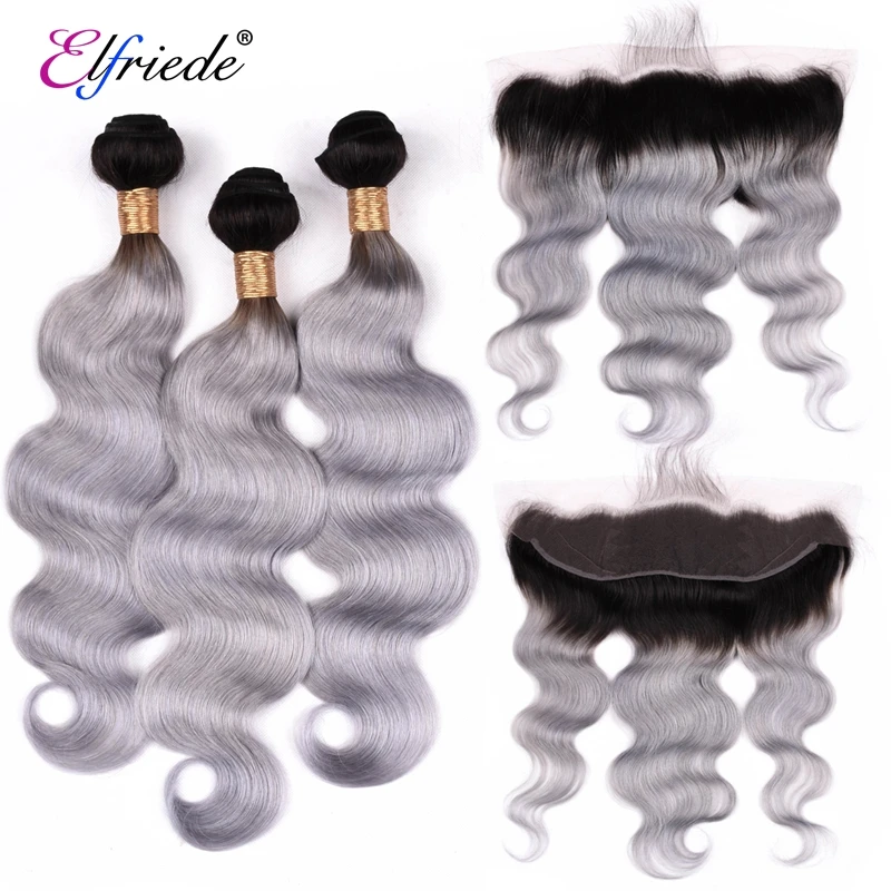 Elfriede 1B/серая волна тела, Precolored Hair пряди с фронтальными бразильскими человеческими волосами, 3 дюйма, с фронтальной кружевной передней частью 13x4