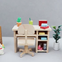 1:12 Dollhouse Miniature Computer Desk Office Desk Chair Set Wooden Furniture Model For Doll House Scene Decor Accessories 1
