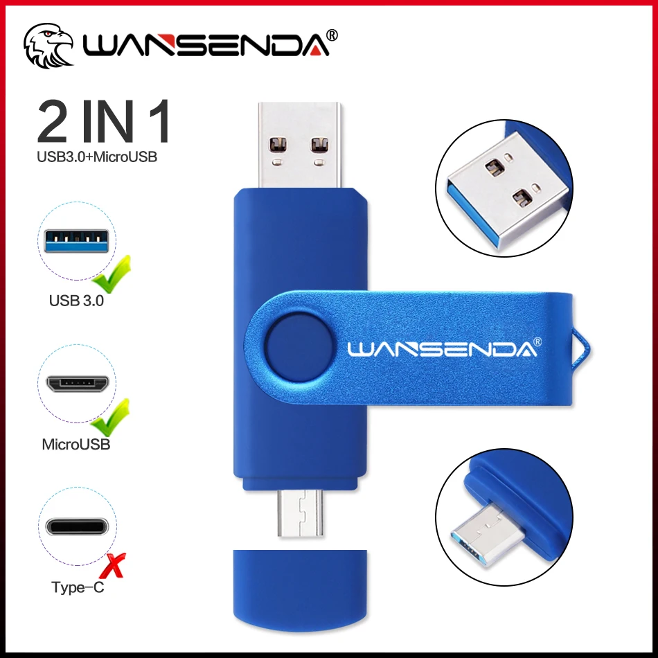 

WANSENDA OTG USB 3.0 Flash Drive 128GB Pendrive 16GB 32GB 64GB Thumbdrive 2 in 1 MicroUSB & USB3.0 256GB Memory Stick