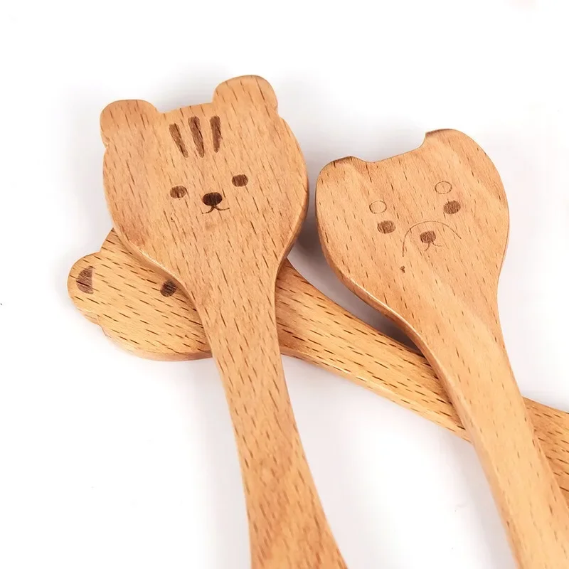 Wooden Spoon Child Feeding Smooth Ellipse Serving Wood Soup Feeding learning spoons fork spoon set baby cutlery 1Pcs