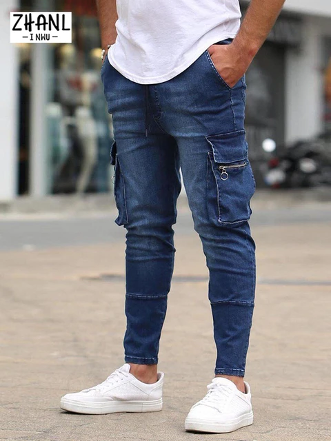 Men's Skinny Jeans Destroyed Frayed Slim Fit Denim Workwear