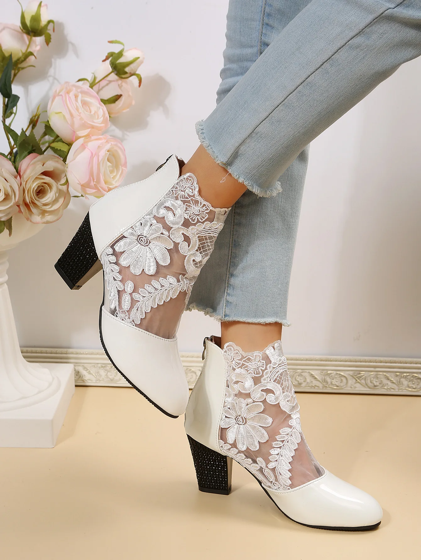 

Heeled Sandals 2023 Fashion Women High Heels Lace Flower Ankle Strap Hollow Out Sandals Round Toe Zip Pumps Sandalias De Mujer