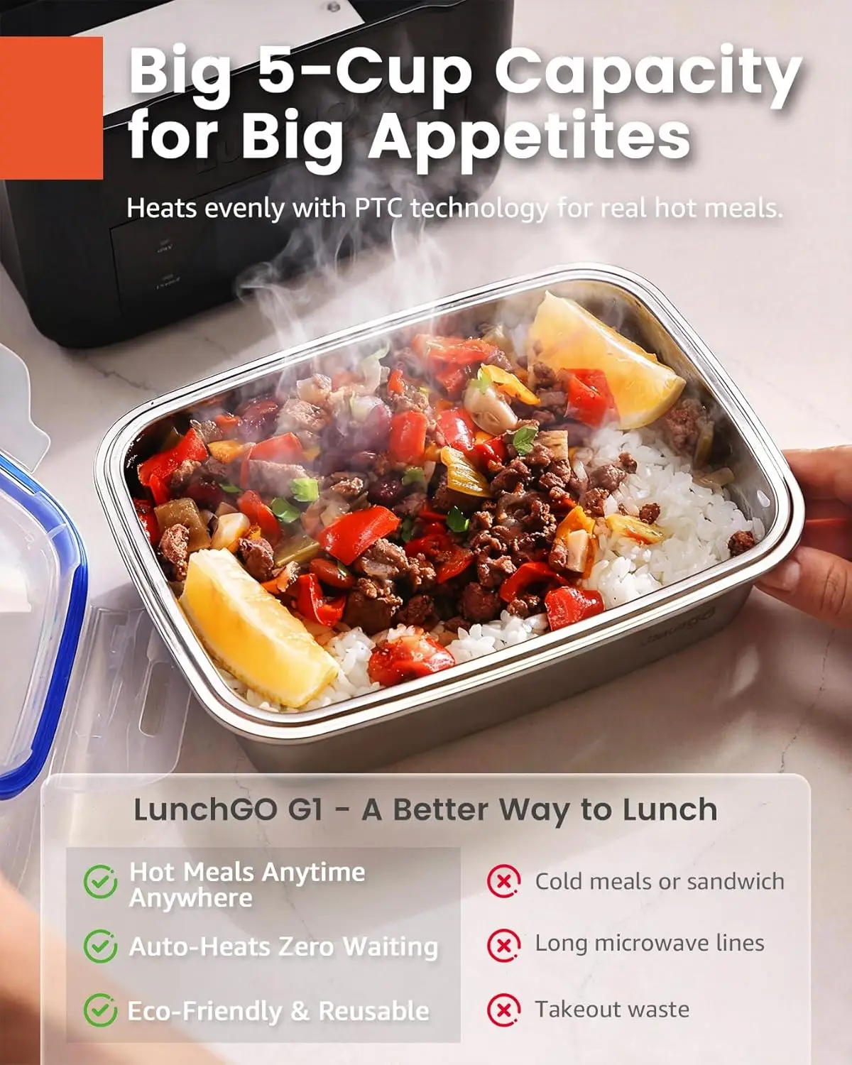 G1-standard(74 Wh), Smart Electric Heated Lunch Box – Cordless, 5 Cups 4 description