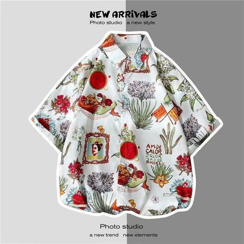 

Men Summer Hawaiian Shirt Streetwear Vintage Graphic Printed Short Sleeve Summer Beach Shirts Fashion Casual Button Blouse Tops