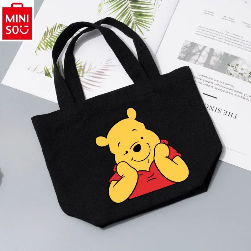 MINISO Disney Fashion Canvas Bag Handbag Women's Cartoon Winnie Bear Print Makeup Storage Sweet and Fresh Portable Handbag