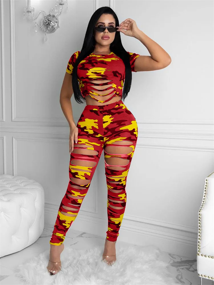 Wmstar Women Two Piece Set Summer Sexy Sport Fashion Casual Ripped Sweatshirt Sweat Camouflage Print Pant Sets Outfit Tracksuit