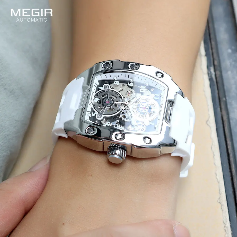 MEGIR 8602 Sport Automatic Watch Men Waterproof White Silicone