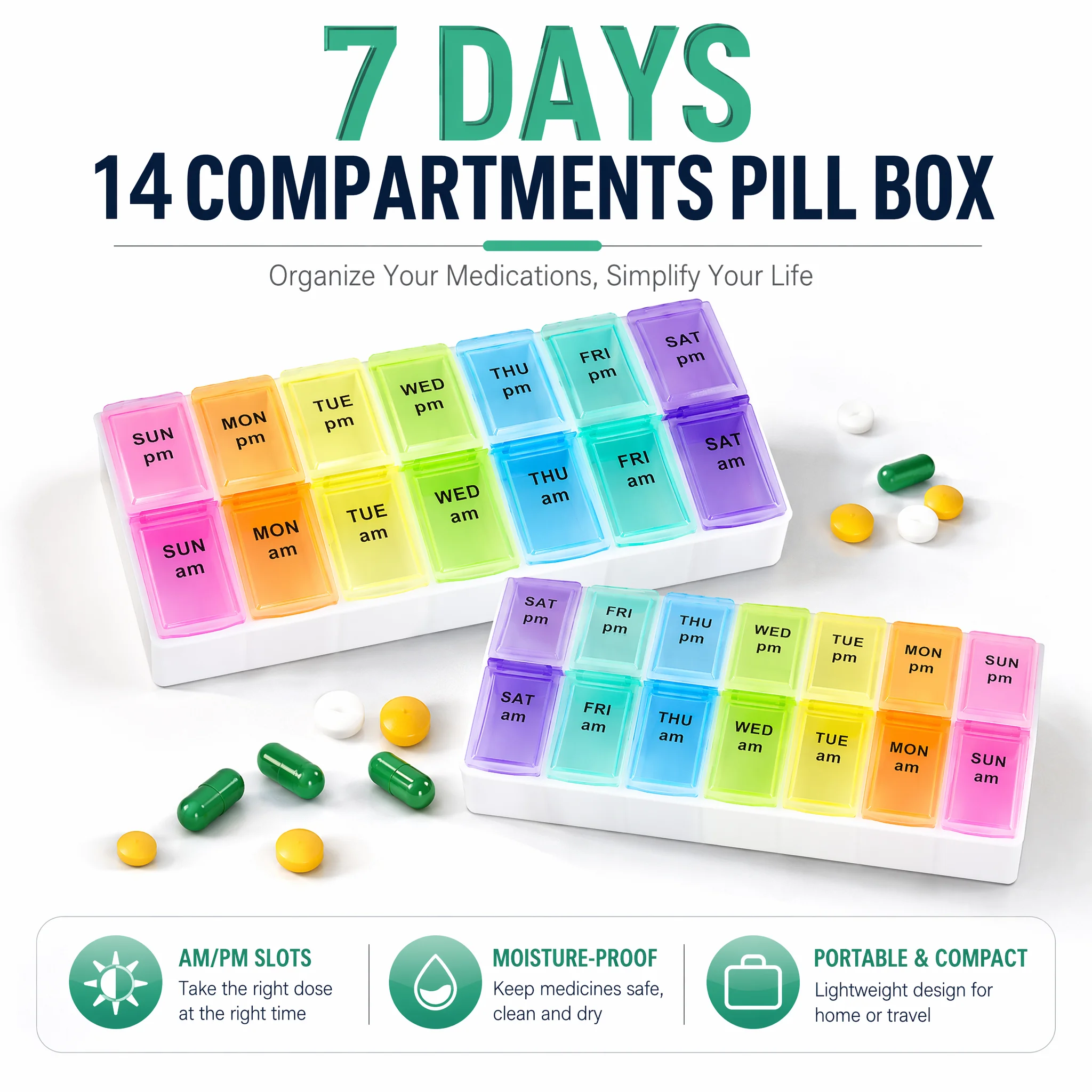 Weekly Pill Organizer with 14 Compartments for Daily Travel – Compact Medicine Box for Vitamins and Supplements