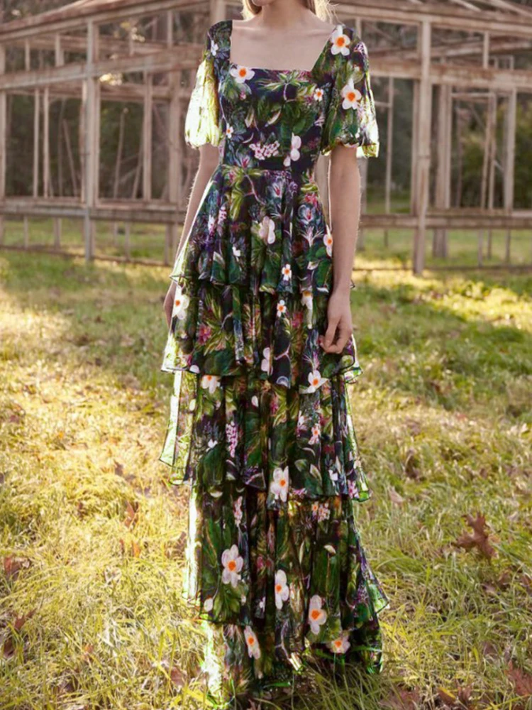 

Women's Summer Dress 2023 New Temperament Chiffon Square Collar Floral Flounces Cake Print Dress Long Free Shipping